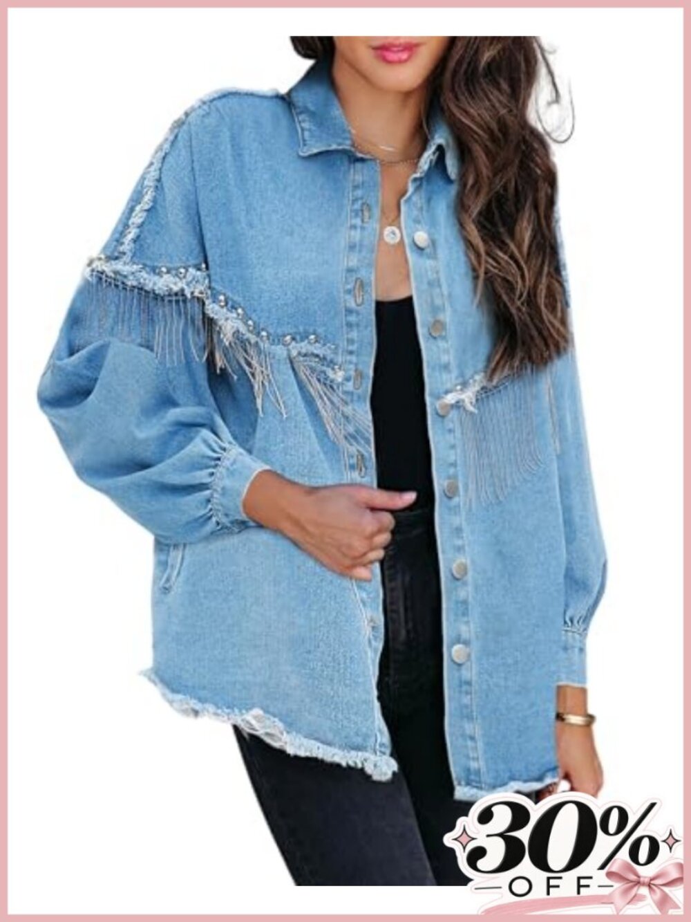 Oversized Fringe Denim Jacket Sparkly Tassel Western Coat